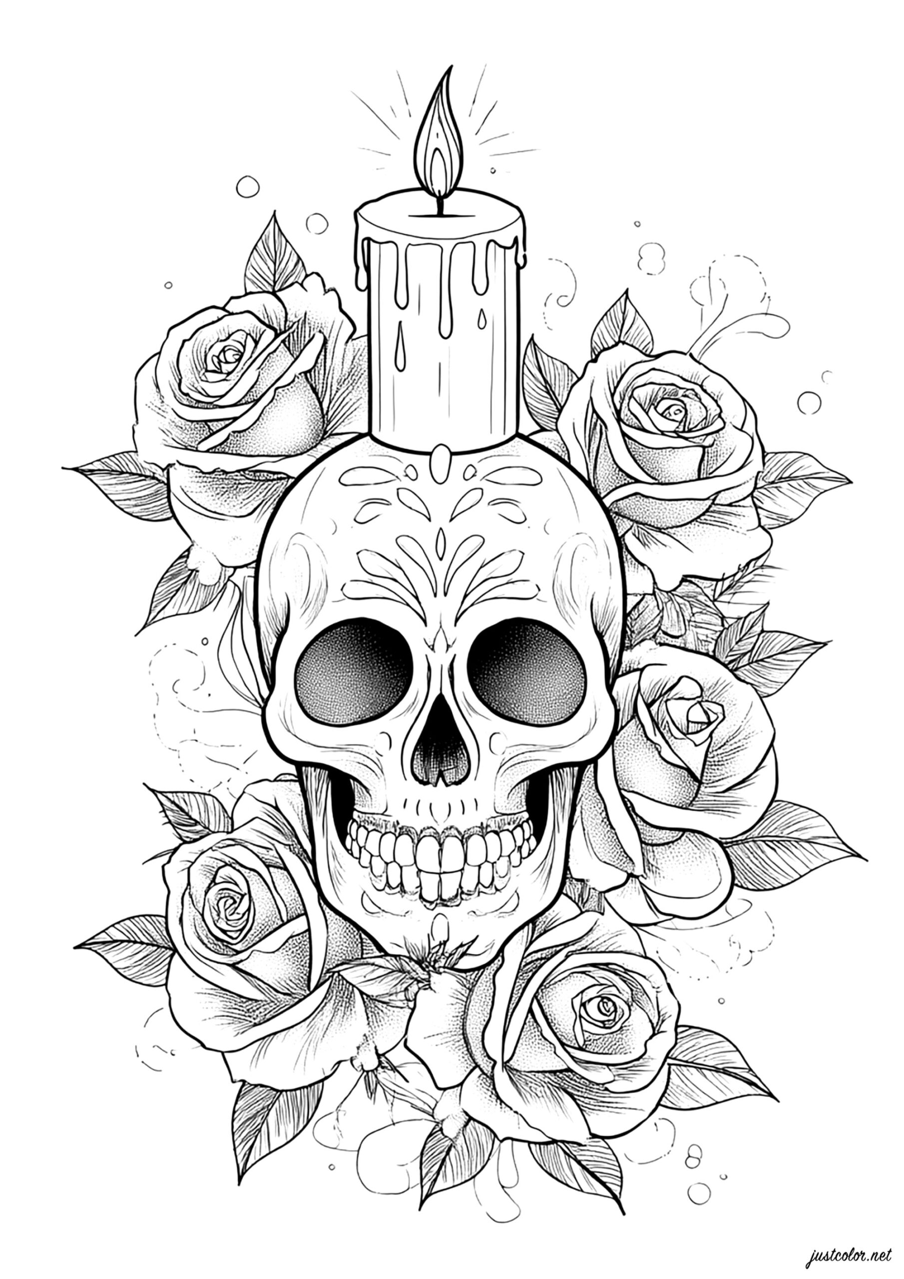 Skull With Roses And Candle Tattoo Coloring Pages