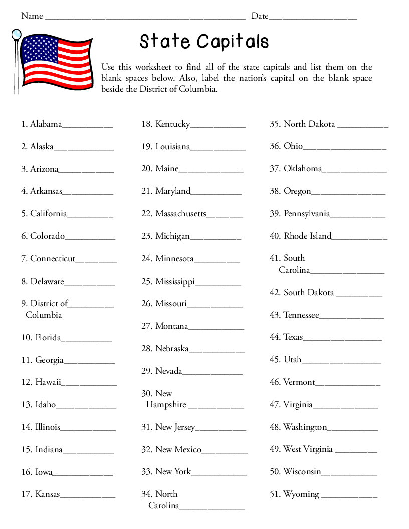 States And Capitals Worksheets State Capitals Worksheet States 