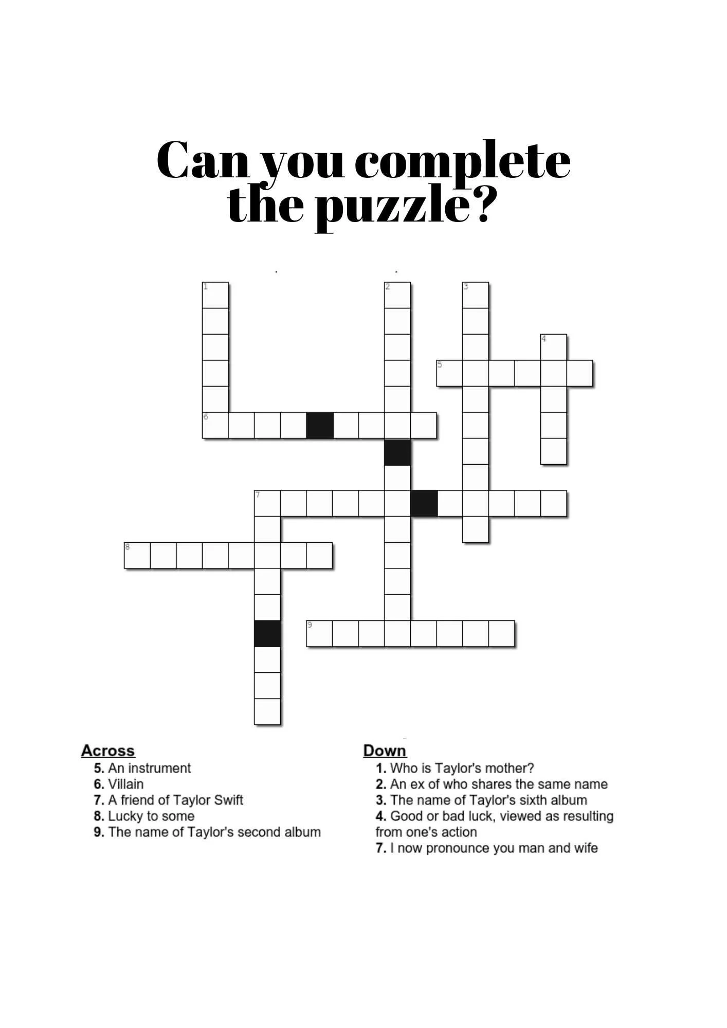 Taylor Swift Puzzles Printable