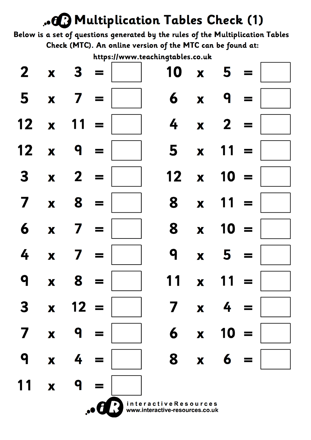 Times Table Worksheets Printable Free