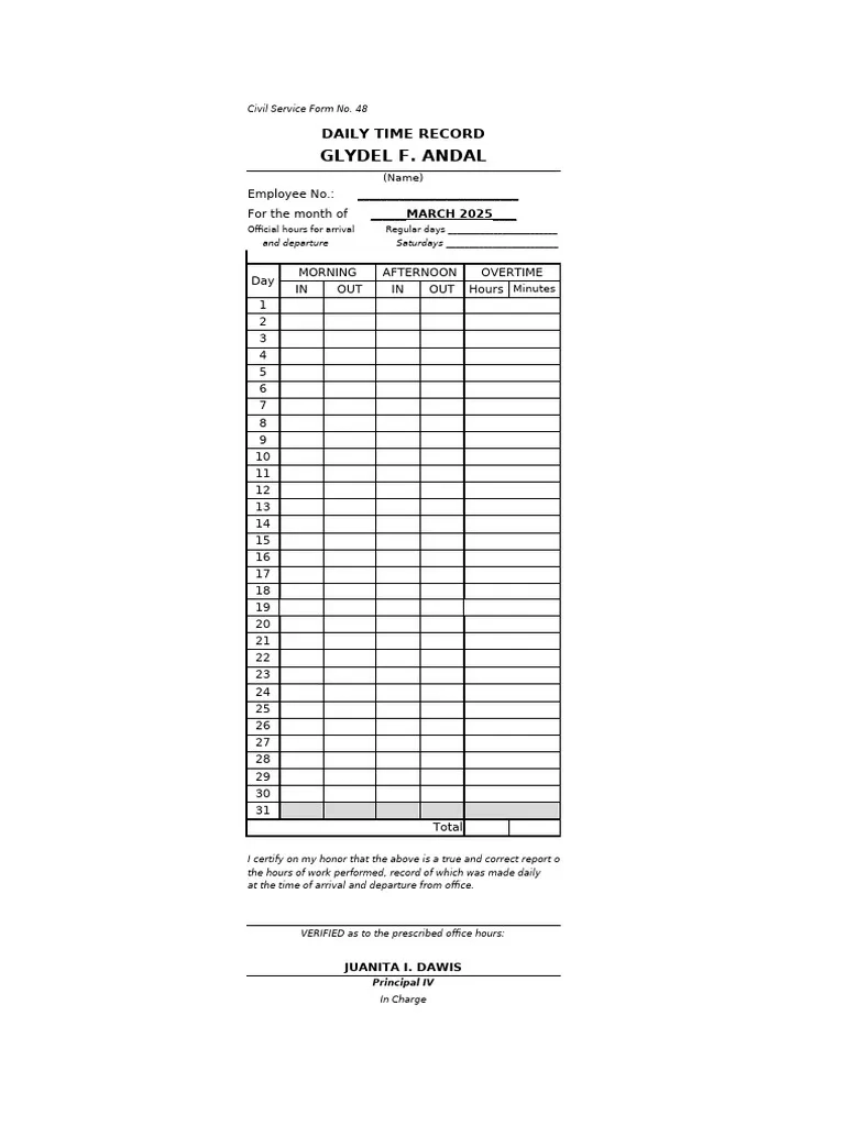 Template Form 48 Daily Time Record DTR PDF