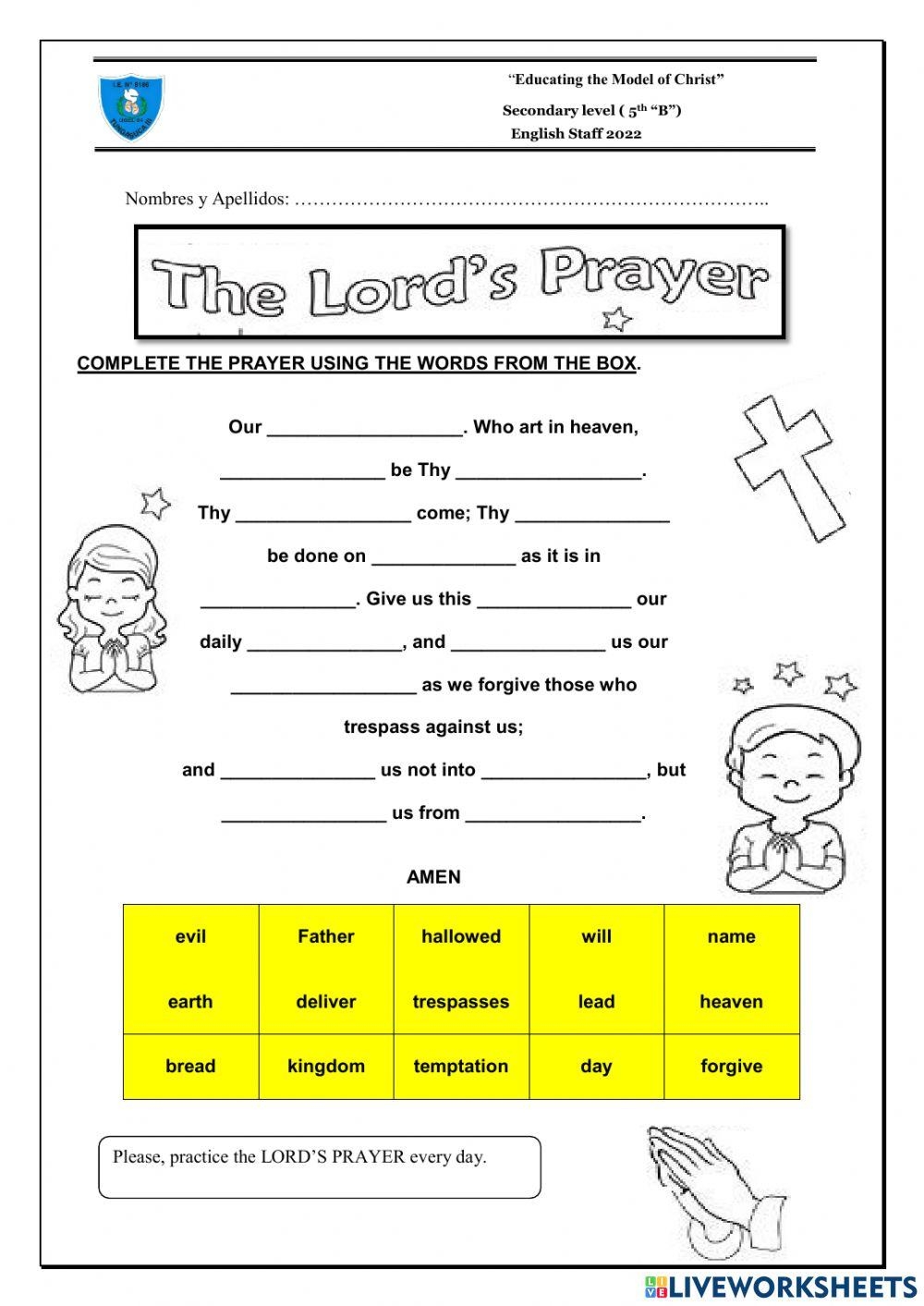 Free Printable Our Father Worksheet