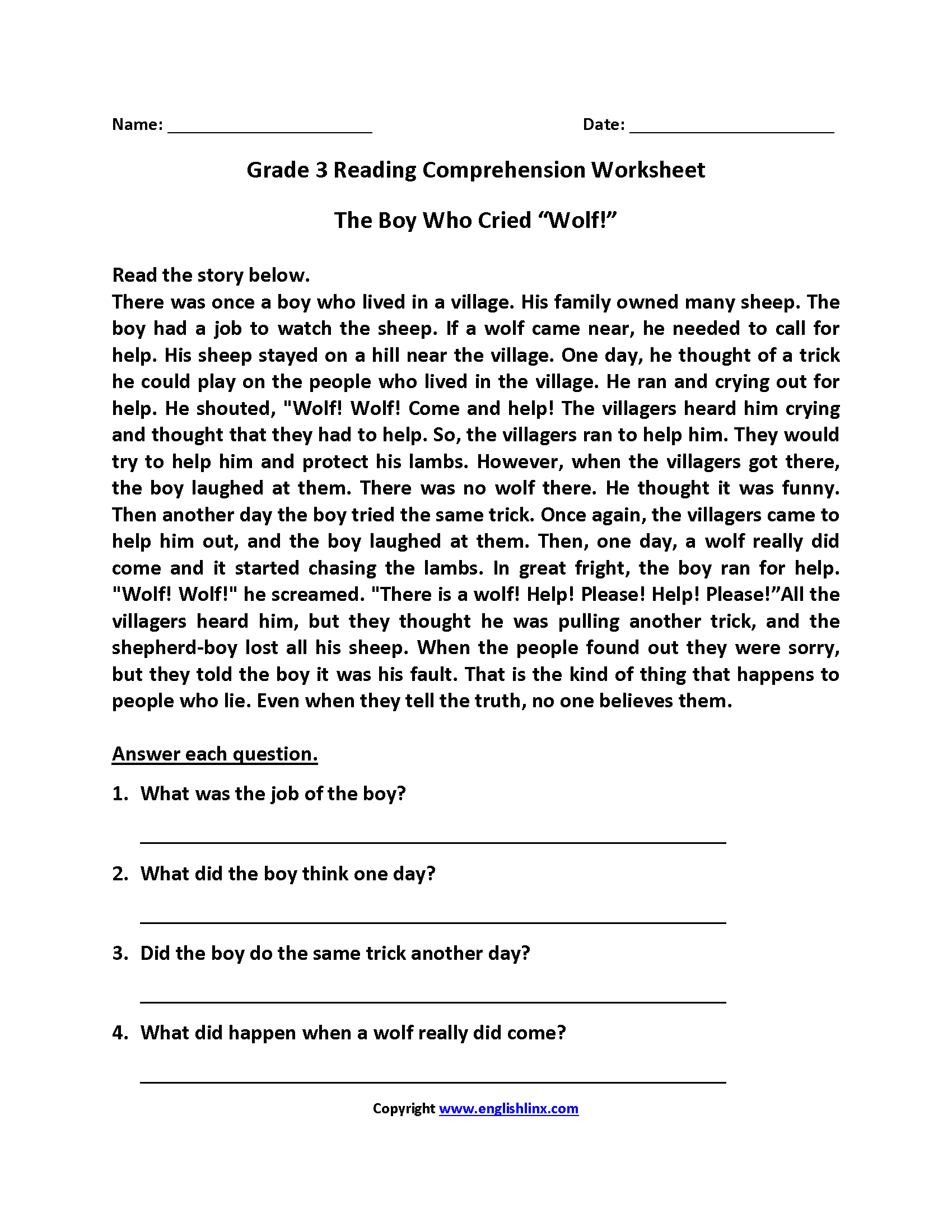 Reading Worksheets Printable 3rd