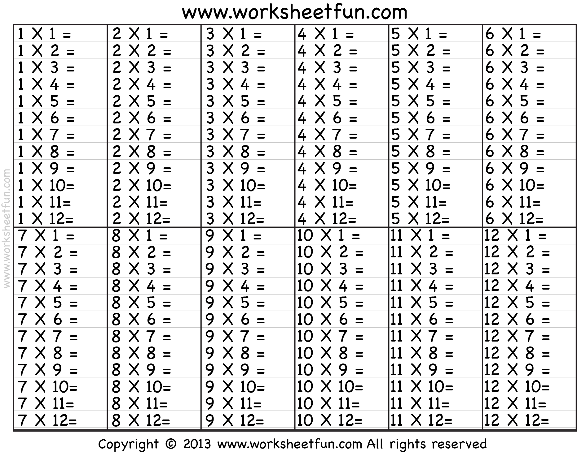 Times Table 2 12 Worksheets 1 2 3 4 5 6 7 8 9 10 11 