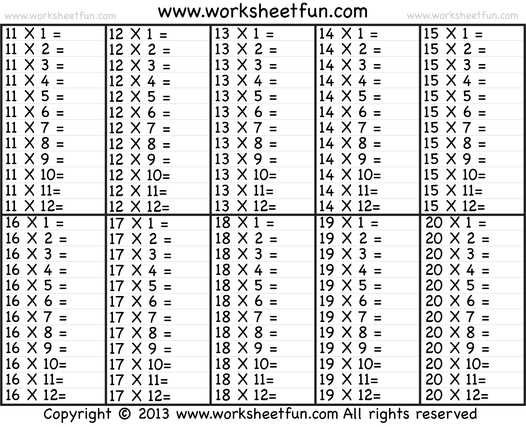 Printable Multiplication Table Worksheets