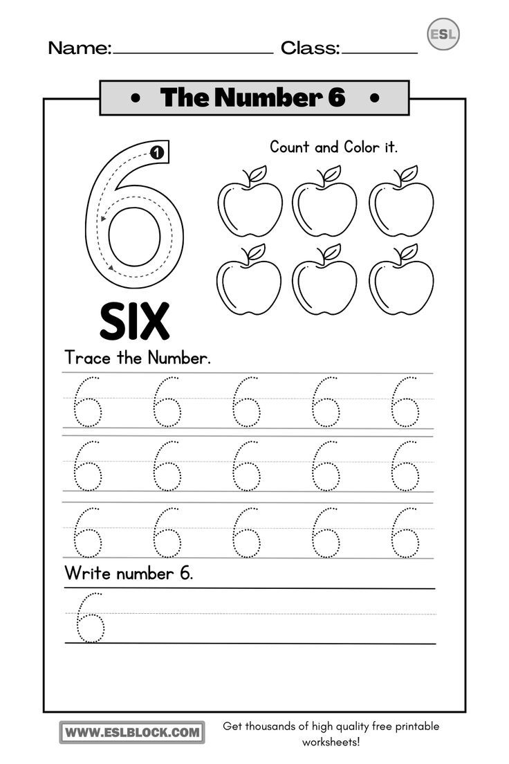 Tracing Number 6 Worksheets