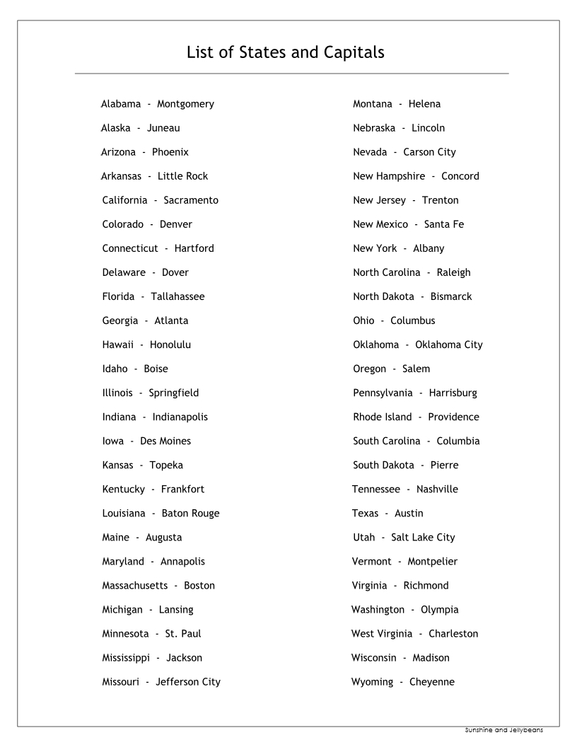 Us States And Capitals Printable Worksheets