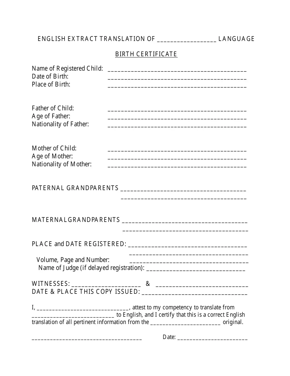 Uscis Printable Birth Certificate Translation Template