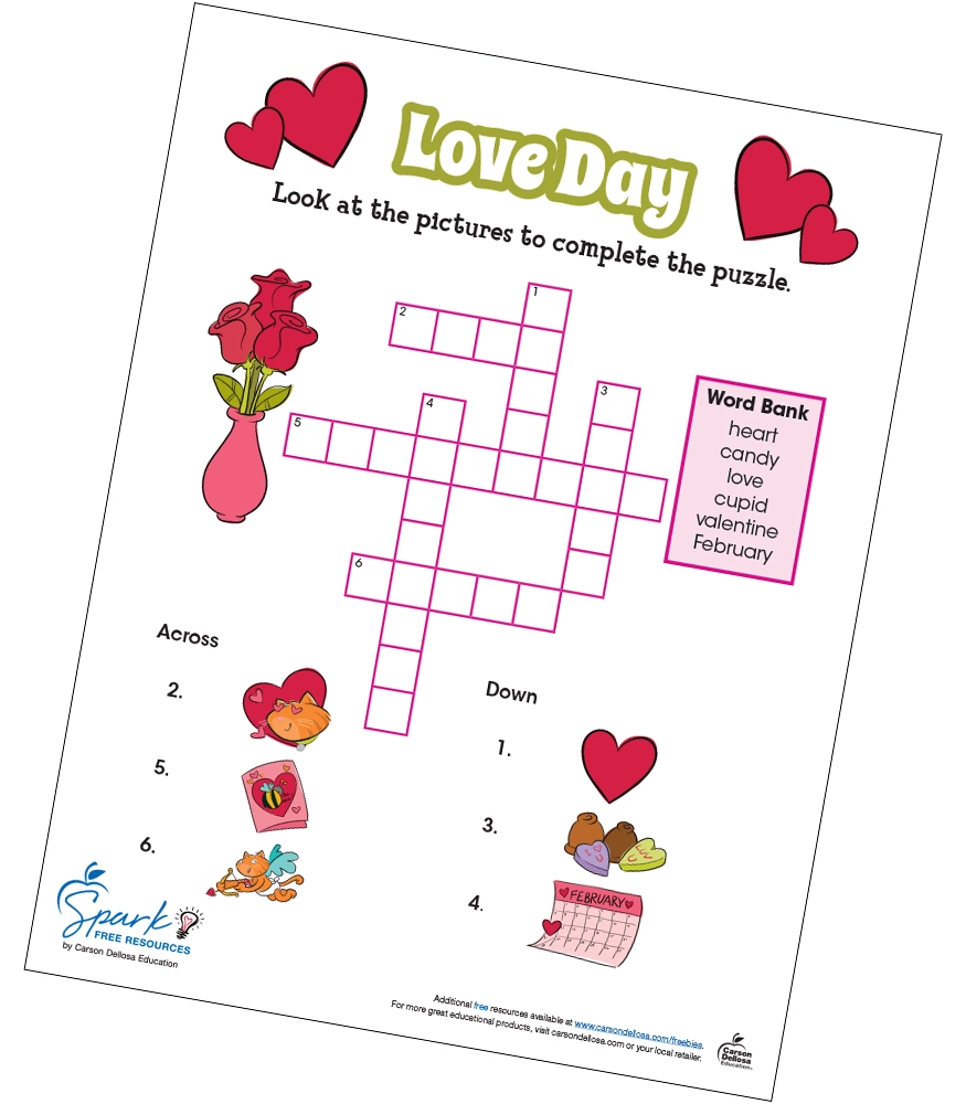 Valentine s Day Love Day Crossword Puzzle Free Printable Carson 