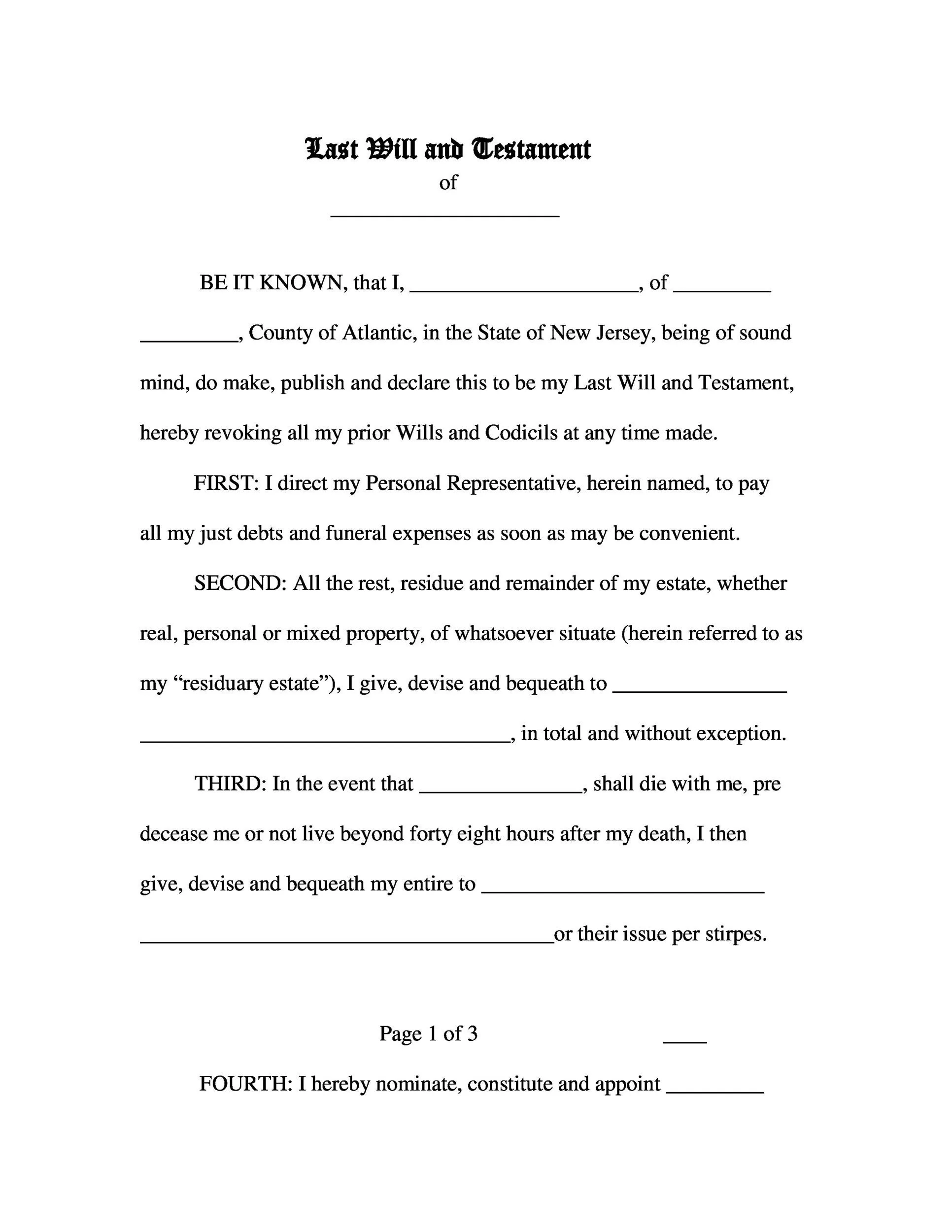 Forms To Write A Will