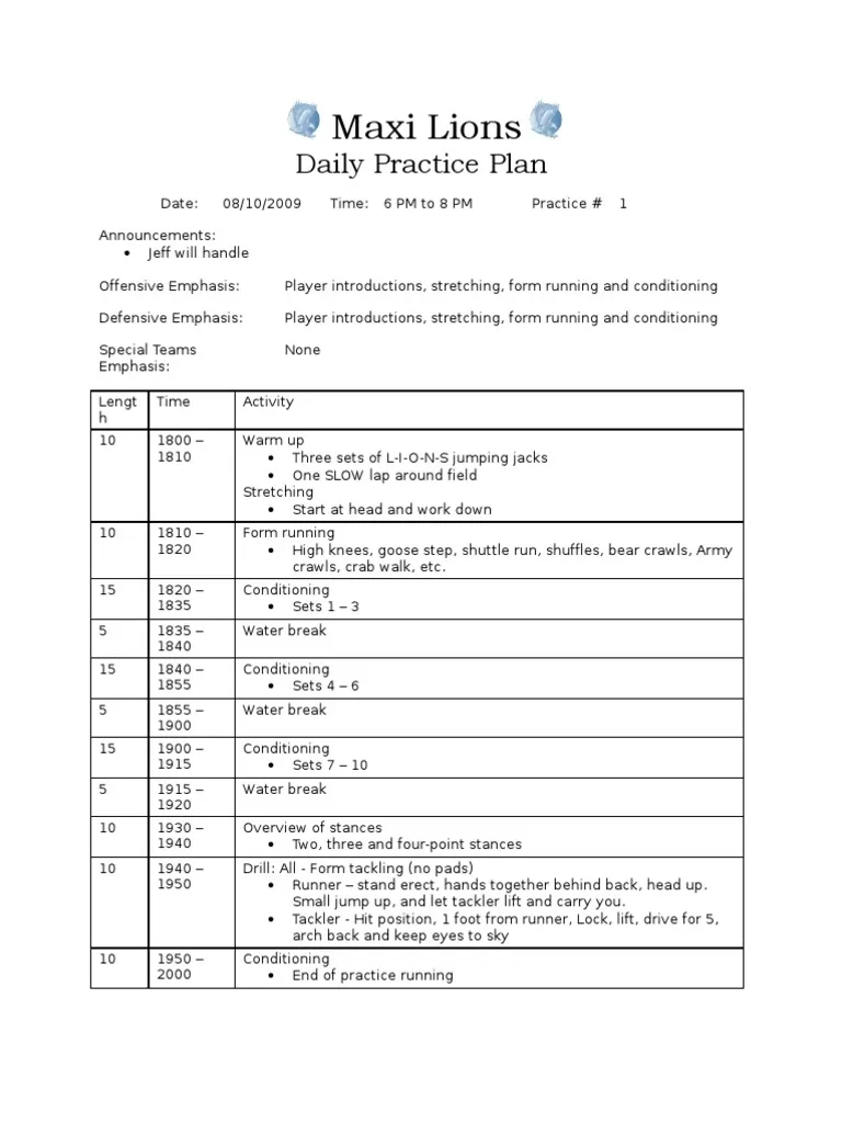 Excel Printable Football Practice Plan Template